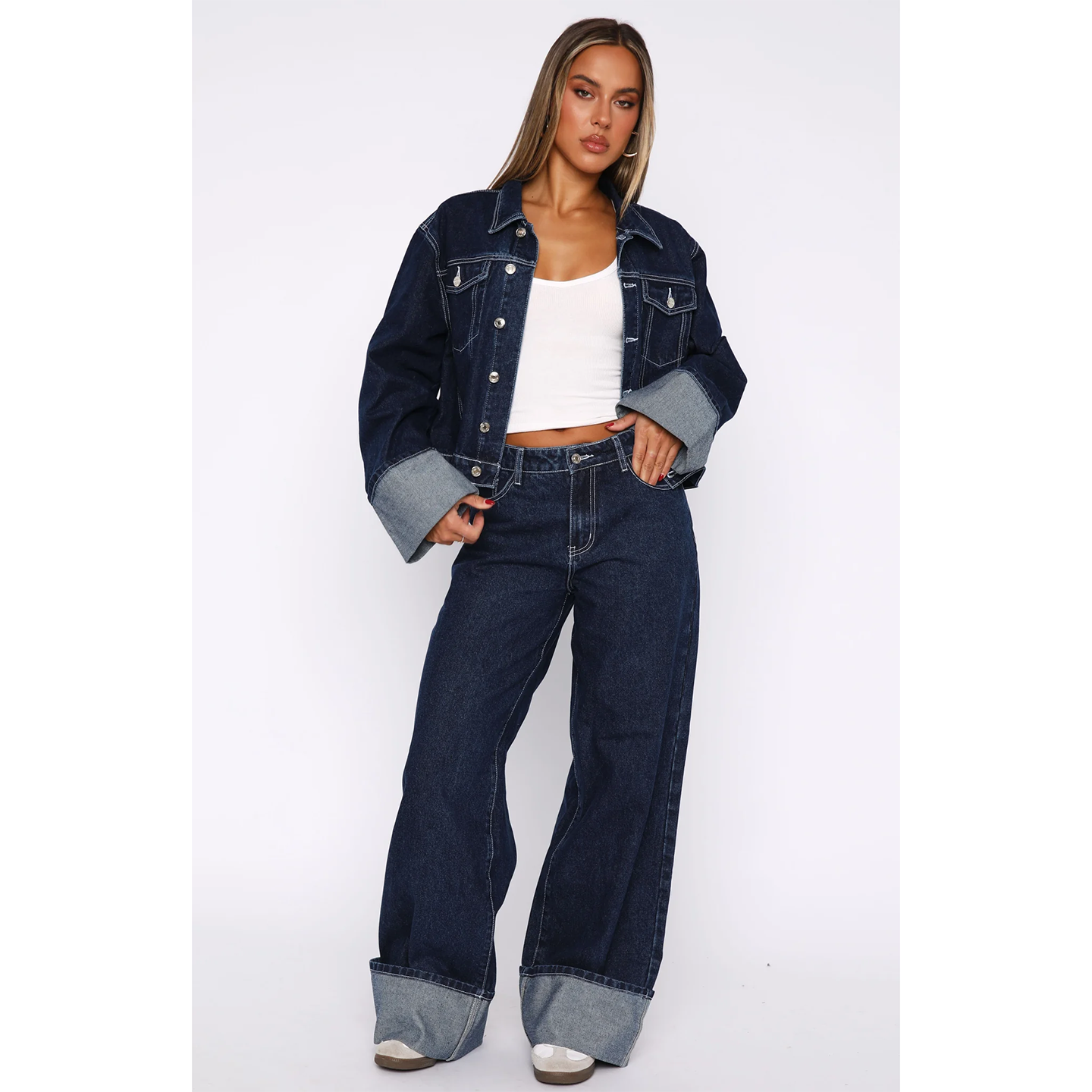 翻边中腰阔腿牛仔裤深靛蓝