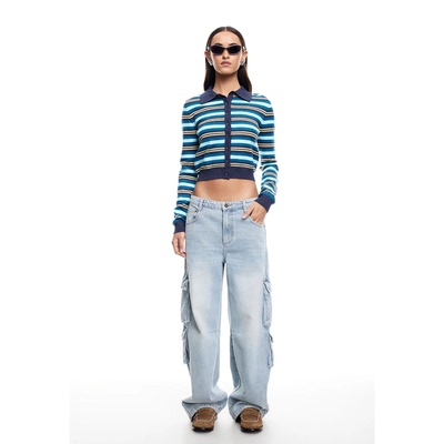 磨损工装阔腿直筒牛仔裤