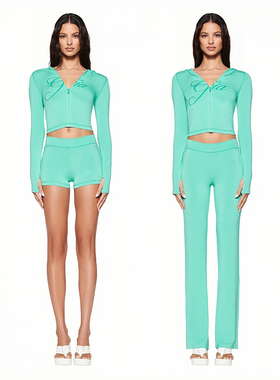 外贸原单i*am gia 蓝绿色套装 连帽衫+微喇叭运动裤加长裤莫代尔