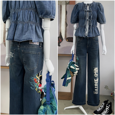 ED刺绣阔腿直筒牛仔裤