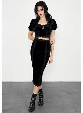 外贸原单！推荐！Dis*turbia亲肤薄款大弹力丝滑蕾丝拼丝绒半身裙