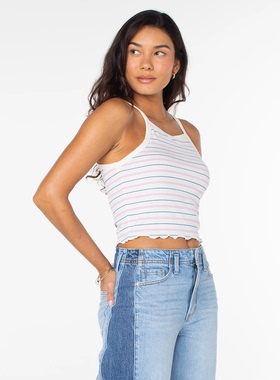 外贸原单Rox*y酷儿日落条纹简约修身荷叶边短款吊带背心C3 2455