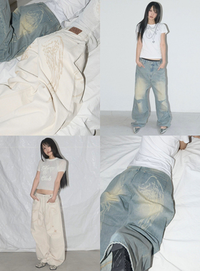 外贸原单Fan*cy Club天使复古褶裥阔腿牛仔裤直井怜黄礼志D9 2047