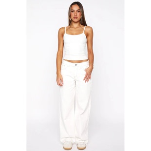 外贸原单WF字母标显瘦低腰水洗直筒阔腿宽松牛仔裤米白色 C7 2078