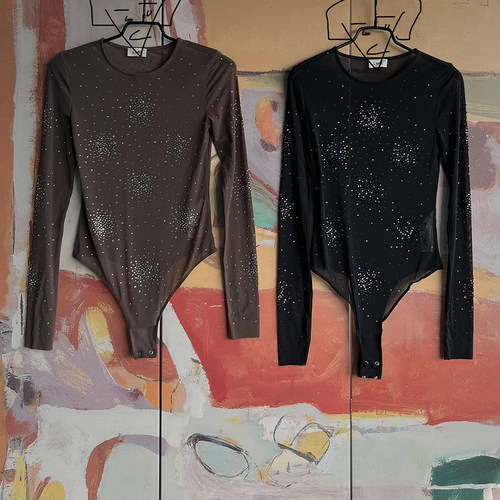 外贸原单LIM*E欧美收腰显瘦塑身薄款辣妹水钻贴花网眼长袖连身衣 - 封面