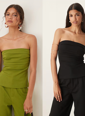 外贸原单Aso*s纯色简约气质抹胸上衣高级性感辣妹压褶背心1659