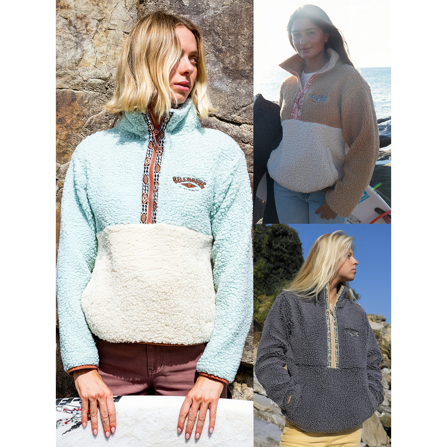 半拉链海边拼色民族织带羊羔毛