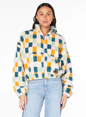 外贸原单Rox*y多彩方格全拉链宽松高领外套羊羔绒抓绒卫衣A6 2832