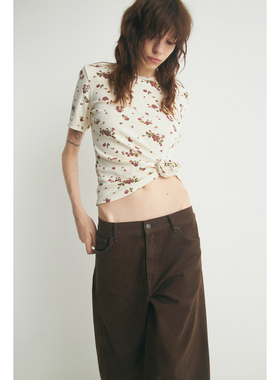 俄罗斯lim出口外贸玫瑰卷心结设计感碎花罗纹修身圆领T恤A4 3694