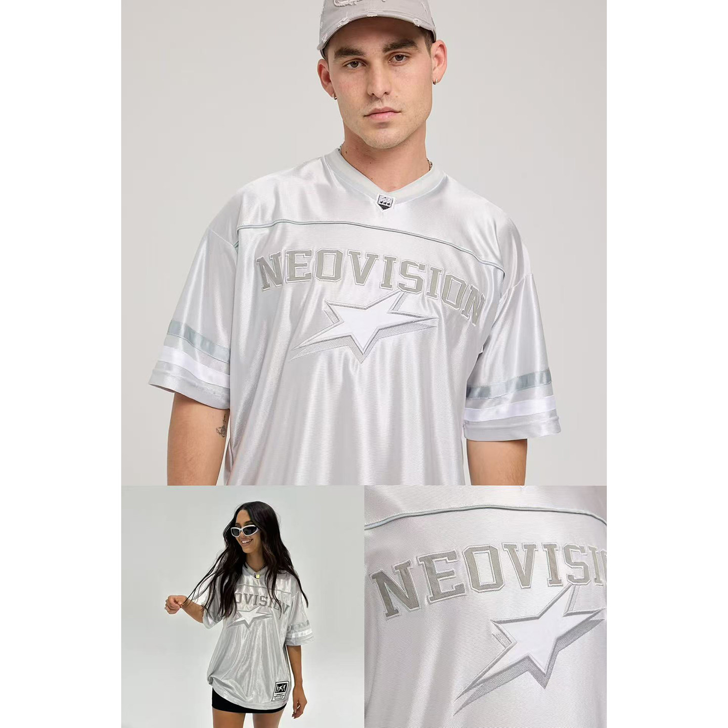 外贸原单Neo*vision银色星短袖球衣V领T恤宽松运动上衣B5 2445