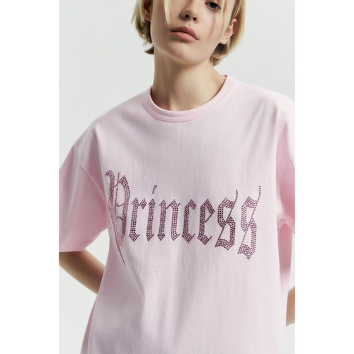 水钻文字印花圆领宽松短袖T恤