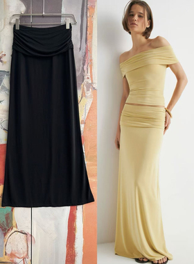 俄罗斯lim出口外贸纯色简约气质褶皱修身舒适中长款半身裙B1 2422