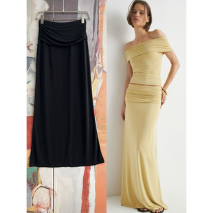 半身裙B1 2422 舒适中长款 俄罗斯lim出口外贸纯色简约气质褶皱修身