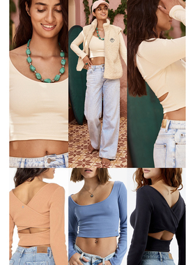 外贸原单Rox*y纯色长袖露脐上衣设计感辣妹修身T恤 多色 C5 1869