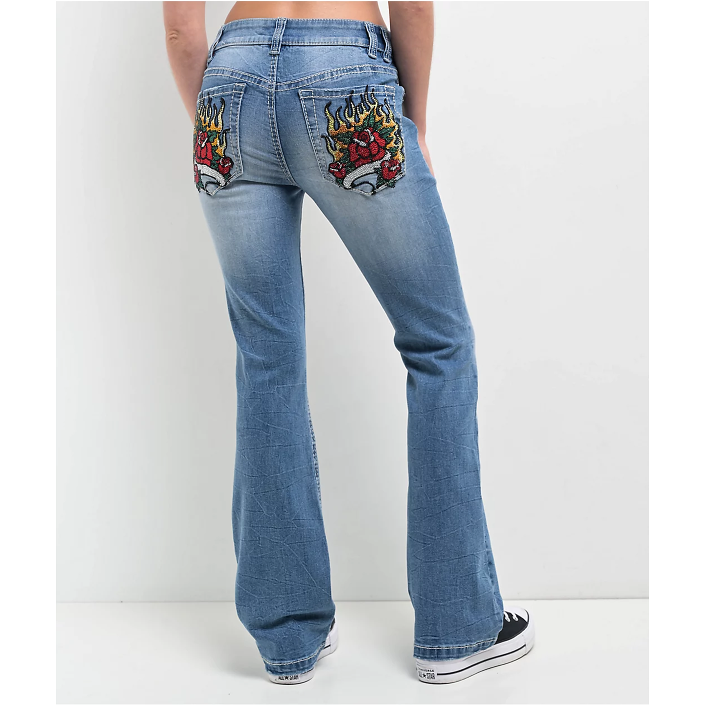 闪亮水钻刺绣火焰玫瑰中腰喇叭裤