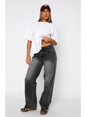 外贸原单WF欧美ins辣妹显瘦低腰直筒阔腿宽松牛仔裤灰色 B4 2054