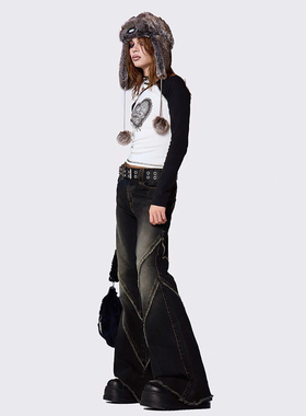 出口单 绝品@MIN*GA美式复古水洗做旧毛边弹力显瘦喇叭牛仔裤1473