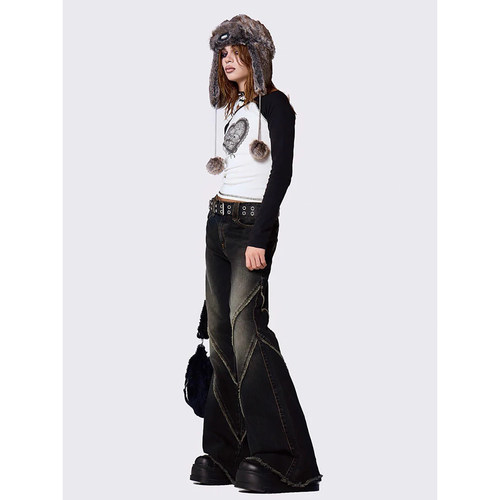 水洗做旧毛边喇叭牛仔裤