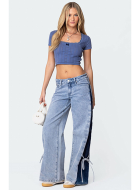 外贸原单Edi复古撞色开叉水洗牛仔裤低腰阔腿宽松显瘦长裤A5 2099