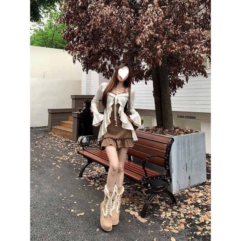 店长强推美式复古废土风辣妹吊带连衣裙短款针织荷叶边秋季开衫