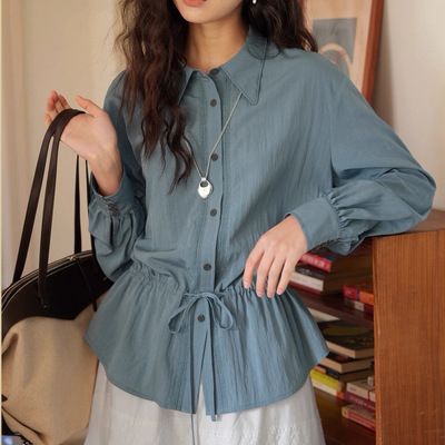 solighter 法式复古抽绳收腰长袖衬衫女春季