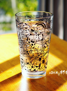 可爱猫咪叠叠猫图案玻璃杯水杯 啤酒杯咖啡杯 冷饮杯饮料杯送礼