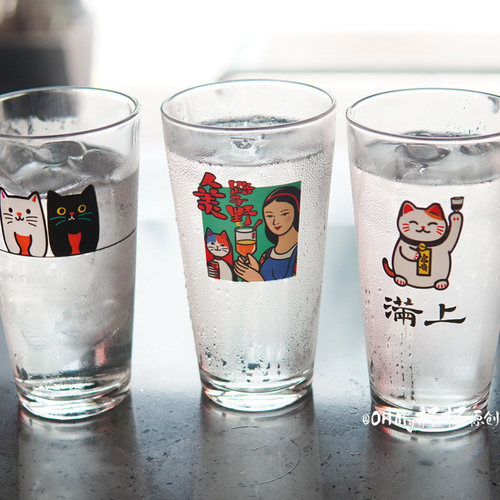 多款猫咪图案 原创ins风玻璃杯咖啡杯耐热露营杯招财猫水杯啤酒杯