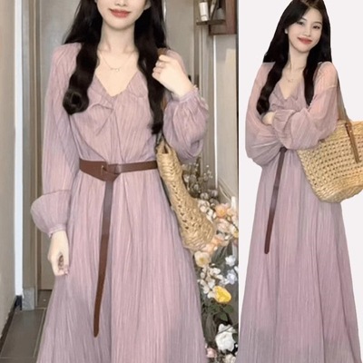 欧美跨境外贸粉色长袖连衣裙子女早秋新款韩系氛围感穿搭初秋长裙