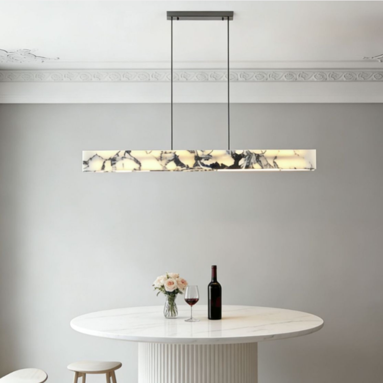 现代简约大理石纹吊灯餐厅客厅铁艺LED灯具长条形餐桌灯