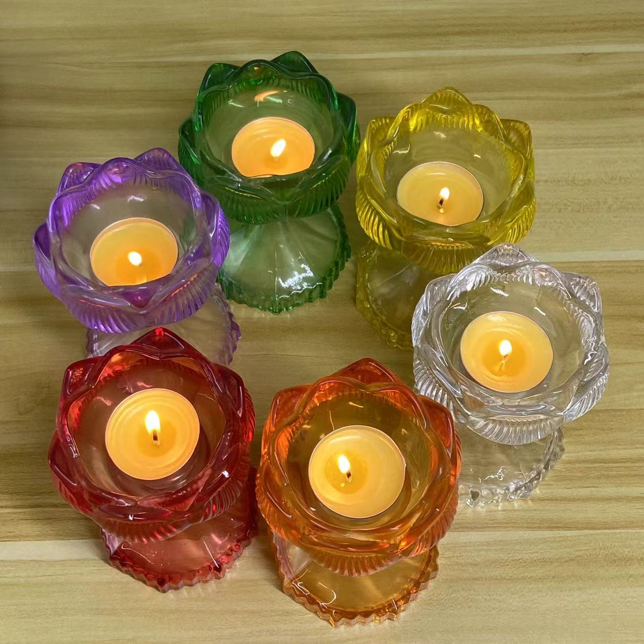 高脚七彩供佛水晶透明清光玻璃莲花酥油灯座烛台莲花灯座油灯供灯