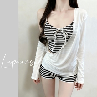 温泉泳衣女甜美条纹挂脖罩衫分体平角比基尼三件套聚拢度假风泳装