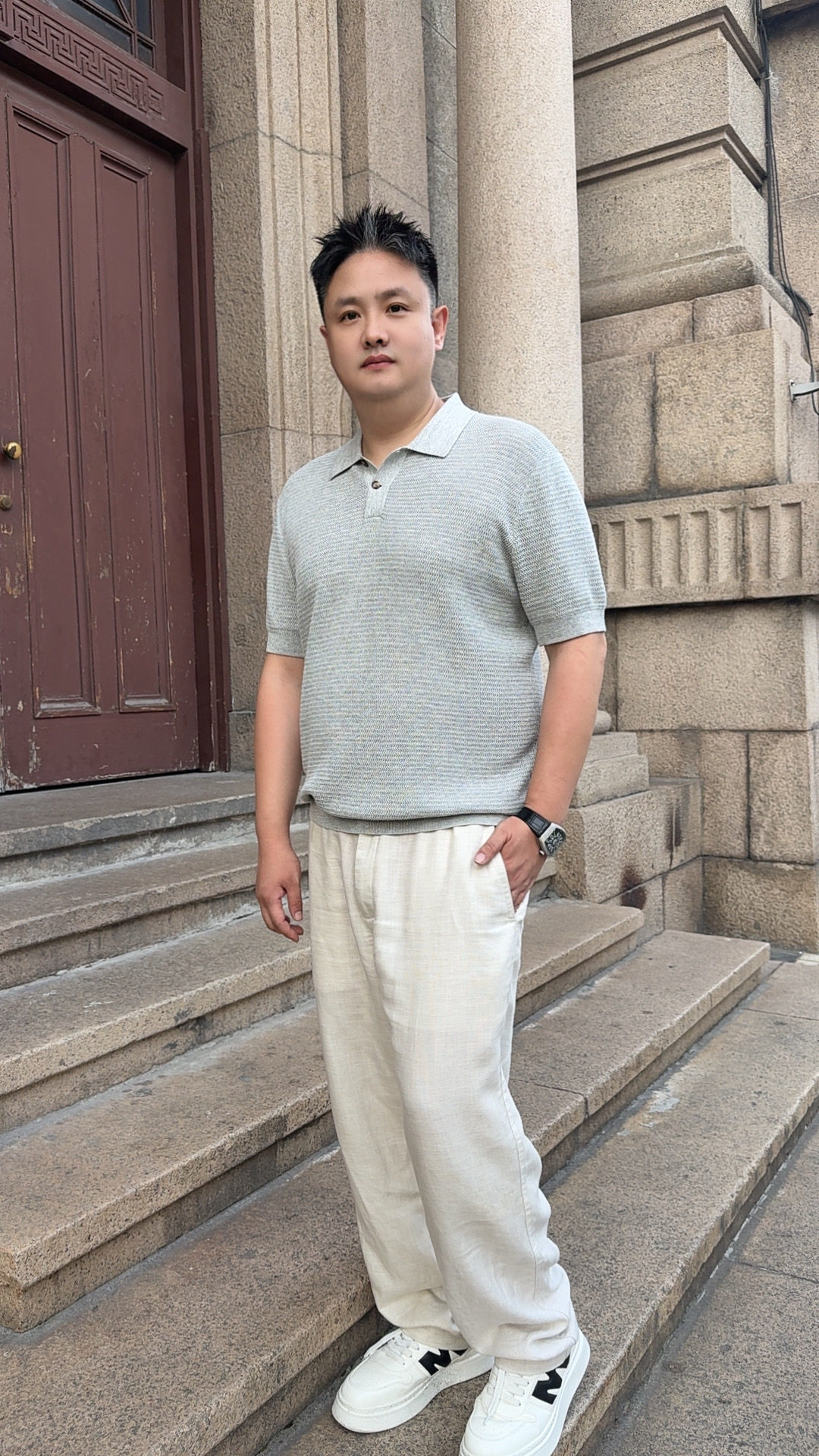 秀而高端男装2026夏季新款时尚百搭休闲商务老钱风翻领T恤99016