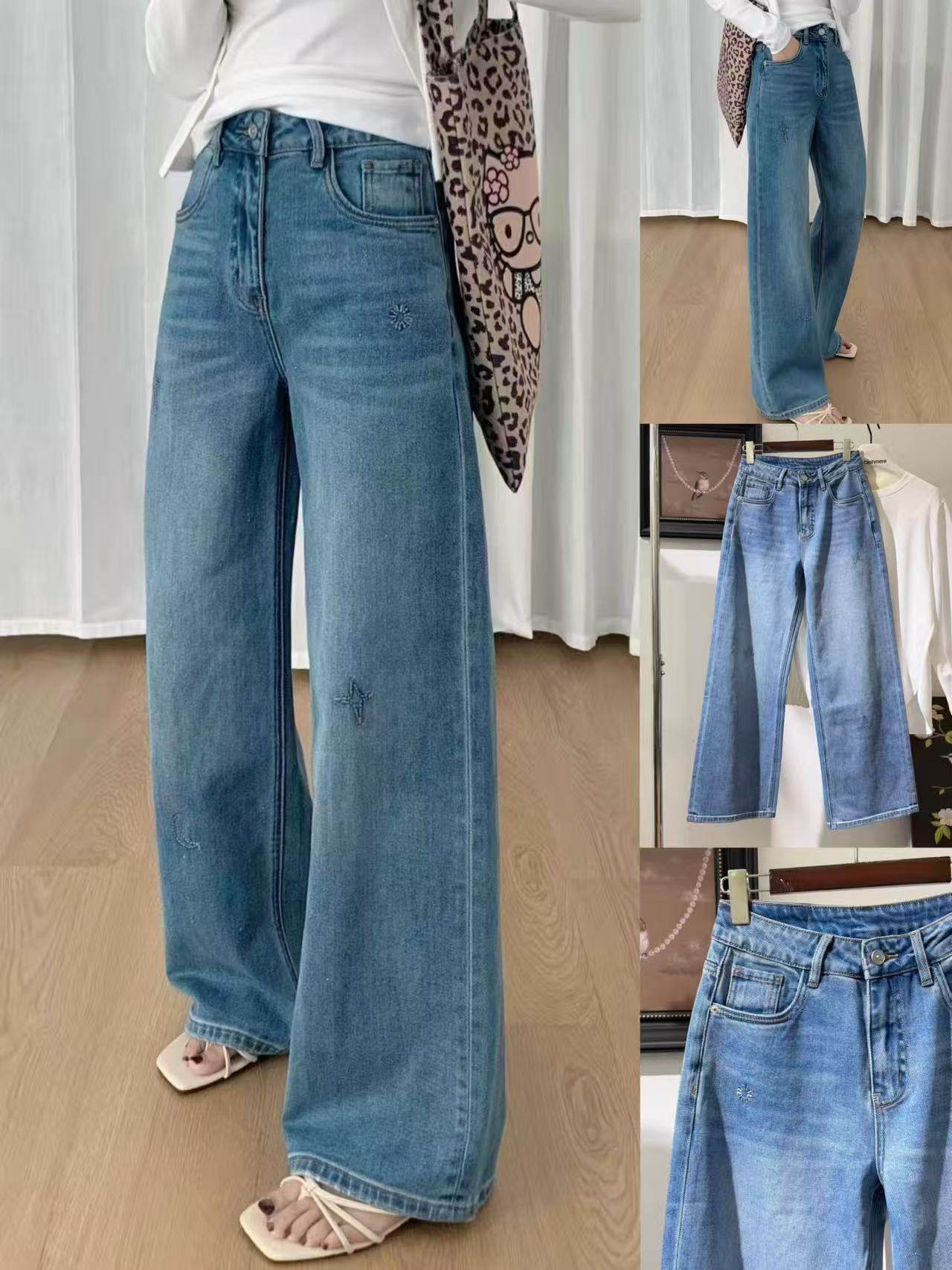 赫美高端2026早春新款高腰显瘦刺绣宽松休闲百搭直筒阔腿牛仔裤女