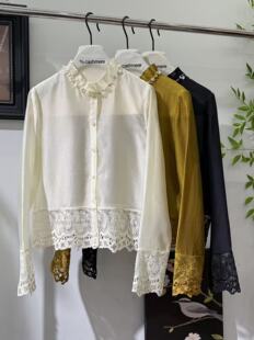 赫美高端2026早春新款法式下摆镂空花边钉珠领减龄上衣女长袖衬衫