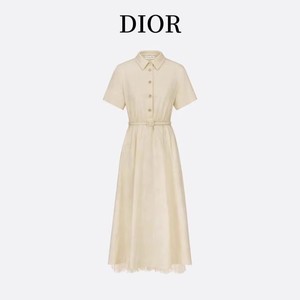 Dior/迪奥 24春夏新款法式赫本风蕾丝花边中长款短袖收腰连衣裙女