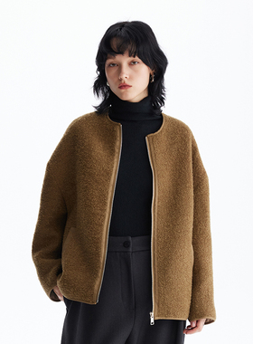 MESTLA复古时髦羊羔绒外套宽松休闲百搭圆领短款夹克毛呢外套