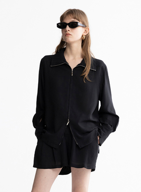 MESTLA简约三醋酸清爽金属双拉链黑色衬衫宽松设计感百褶裙裤套装