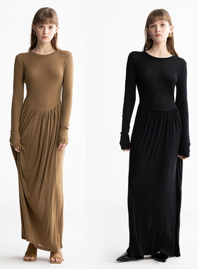 MESTLA春季优雅法式静奢羊毛长袖连衣裙修身收腰显瘦压褶纯色长裙