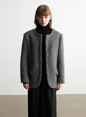 MESTLA 秋冬复古时尚羊毛卷毛呢外套宽松直套简约圆领金扣设计感