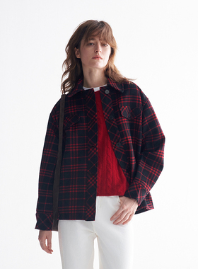 MESTLA秋冬红黑格纹羊毛呢外套加厚保暖休闲通勤宽松棉服女棉衣