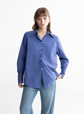 MESTLA春夏简约纯棉蓝色条纹衬衫外套方领宽松百搭显瘦长袖上衣