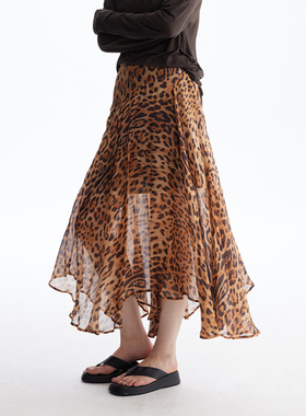 MESTLA复古豹纹印花桑蚕丝半身裙不规则设计感显瘦长裙半裙大摆裙