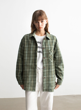 MESTLA 格子日系复古绿格纹衬衫外套女宽松休闲百搭长袖毛呢春