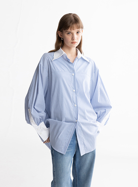 MESTLA春夏简约时髦感蓝白竖条纹拼色衬衫外套女宽松百搭显瘦上衣