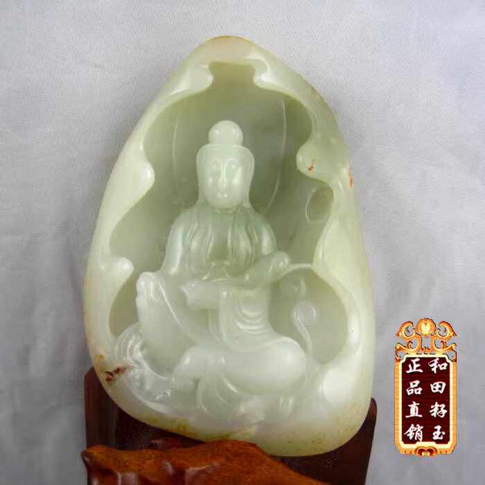 【小胡子玉器】和田玉 籽料 洒金皮 扬州精雕 原石观音 摆件