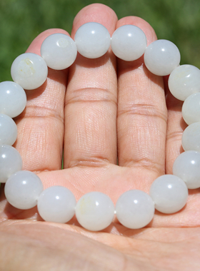 【小胡子玉器】和田玉 籽料  原毛孔 白玉 12mm圆珠手串