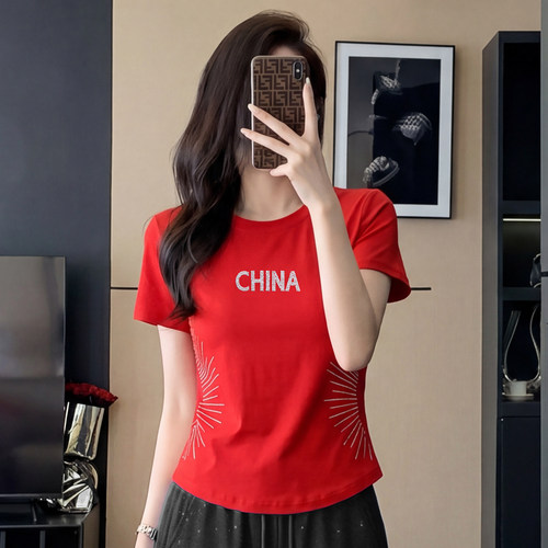 夏季广场舞红色闪钻短袖T恤女