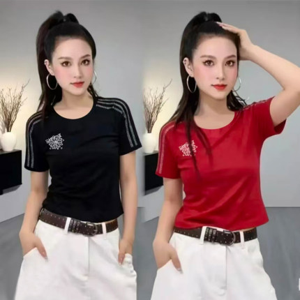 夏季广场舞新款上衣短袖圆领烫钻三条杠舞蹈表演服时尚T恤跳舞衣