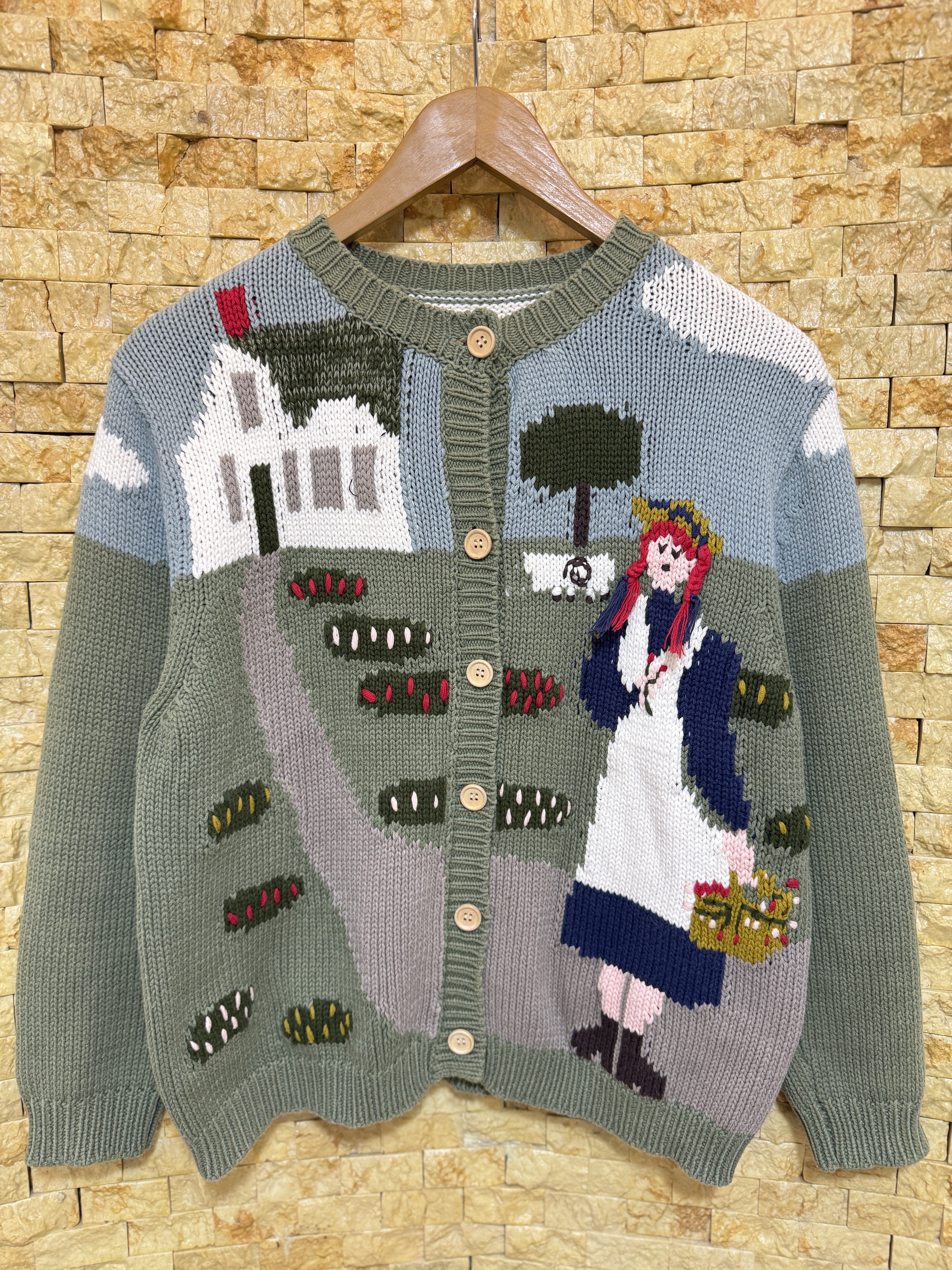 古着vintage孤费尔岛可爱文艺森女童趣人物风景羊毛混纺毛衣开衫