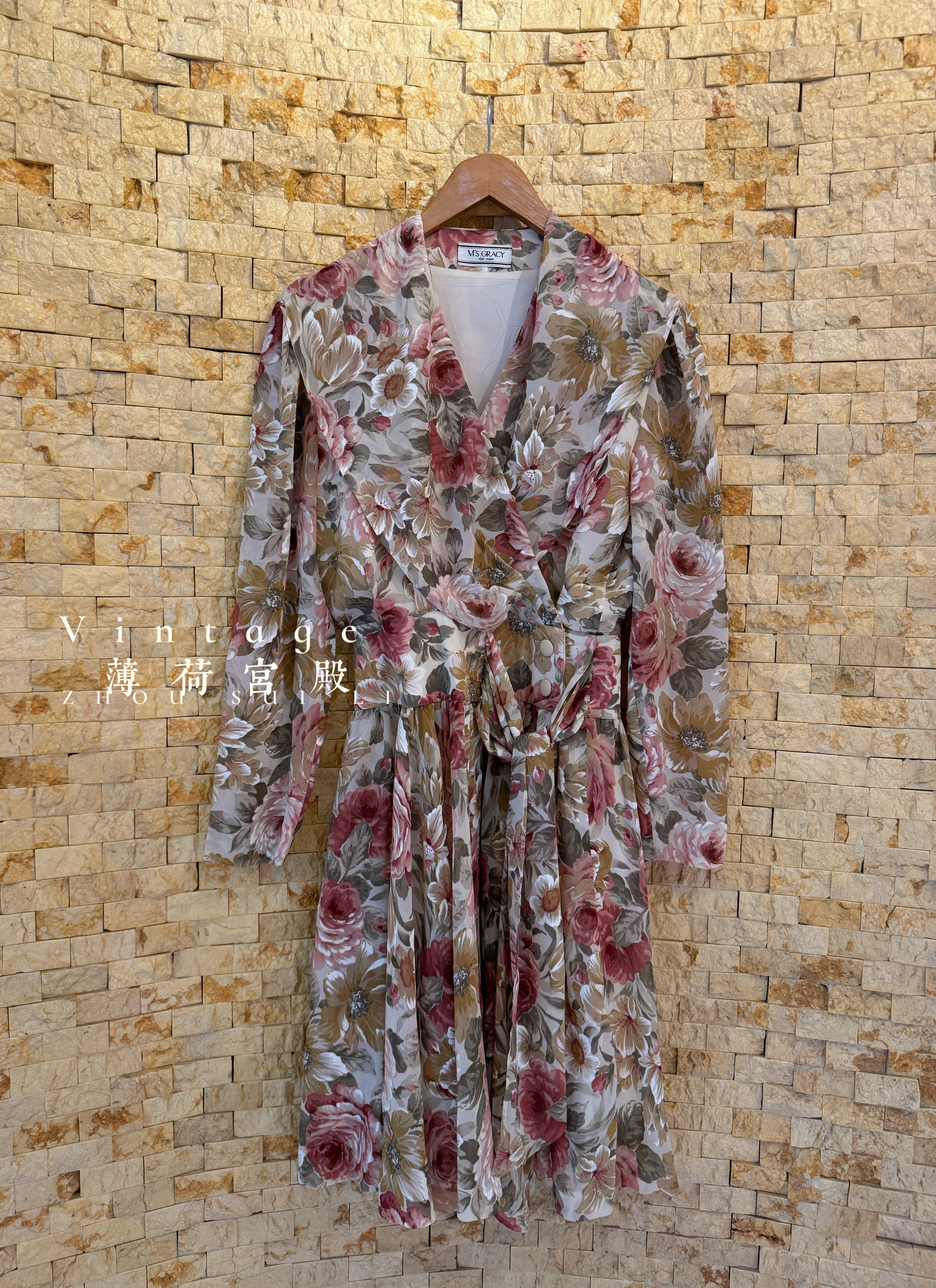 vintage古着日本制复古春夏撞色森女法式油画花柄百褶雪纺连衣裙